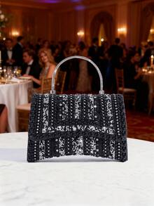 Silver Glitter Rhinestone Decor Handbag, Elegant Clutch Bag For Women, Sophisticated Craftsmanship For Formal Events, Parties, Galas - Black - View 3