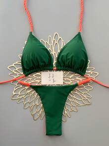 2 件波西米亚豹纹休闲可爱优雅性感扎染钩针撞色饰边比基尼泳装，海滩度假，春夏 - 綠色 - 查看 3