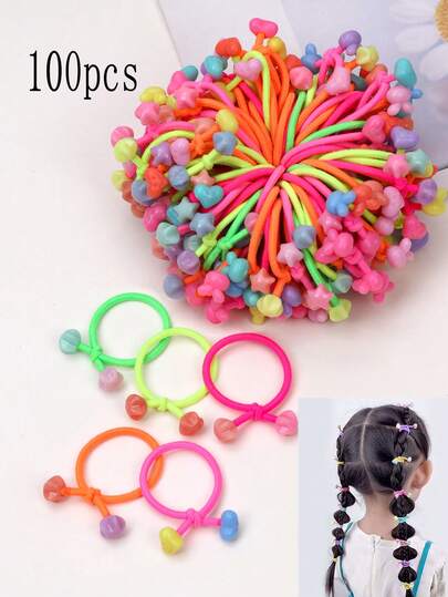 100 pièces/paquet Élastiques à cheveux fluorescents à perles fausses pour filles, printemps/été, haute élasticité, mini fleurs chouchous, couleurs aléatoires