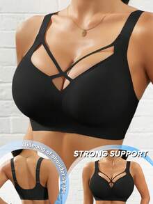 1pc Seamless Casual Lingerie For Women, Sexy Hollow-Out Removable Padded Adjustable Strap Bra - Black - View 2