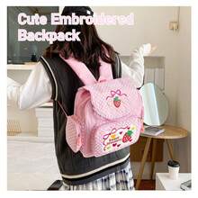 Strawberry Embroidery Backpack For Girls - Cute Lace Pink School Bag For Teen Students, Kawaii JK Fashion Satchel For Daily Use & Campus Style - Hồng - Xem 3