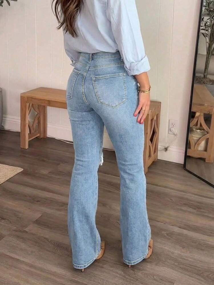 Women's Distressed Elastic Skinny Flare Jeans Casual Spring - Light Wash - View 5