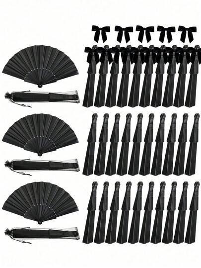 婚礼折扇套装，含礼品袋、黑色折叠手扇（配透明袋和蝴蝶结），可作婚礼回礼、DIY趣味礼物、家居装饰，适用于新娘礼物、伴娘礼物、节日必备、结婚礼物、教师节礼物、单身派对礼物、舞蹈表演、房间装饰，也适用于派对、活动和夏季配饰。