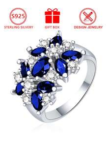 1pc S925 Sterling Silver Blue Zirconia Cluster Ring, Oval Main Stone Sparkling Band, Luxury Silver Ring For Party/Evening, Gift Box Included - Silver - View 12