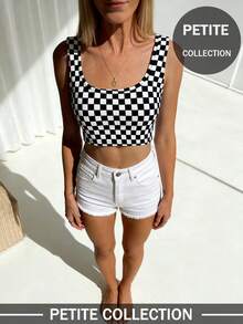 Women's Summer Checkerboard Elastic Minimalist Sexy Casual Y2K Midriff-Baring Crop Top, Suitable For Daily Outings, Dates, Holidays, Parties, Vacations, Street Photography And Various Occasions - Black and White - View 3