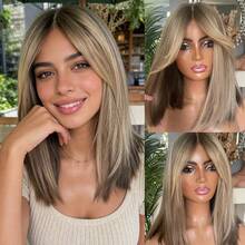 高品质 13x4 渐变棕色和金色合成丝刘海假发，短直发，无缝婴儿发，预剪裁款式 - 彩色 - 查看 12