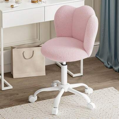 Boucle Fabric Office Desk Chair, Height Adjustable Swivel Vanity Chair With Thickened Cushion For Home Office Bedroom Dressing Room Study, Pink