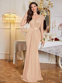 MIUSOL Sequin Floral Lace Sweetheart Neck Cap Sleeve Draped Mermaid Hem Formal Party Maxi Dress - 香檳色 - 查看 6