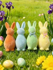 1pc Colorful Plush Rabbit Sculpture With Bow Tie, Easter Bunny Decor, Ideal For Spring Dining Table Center Piece And Home/Office Desk Decoration - Multicolor - View 5