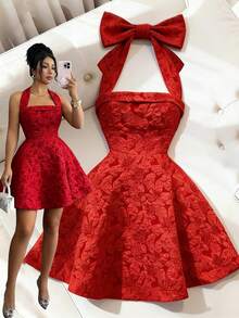 Đầm mini dáng xòe không tay, cổ yếm, yếm, chất liệu jacquard, dành cho nữ, thích hợp mặc hàng ngày, hẹn hò và dự tiệc, phong cách thanh lịch kiểu Pháp. - Đỏ - Xem 2