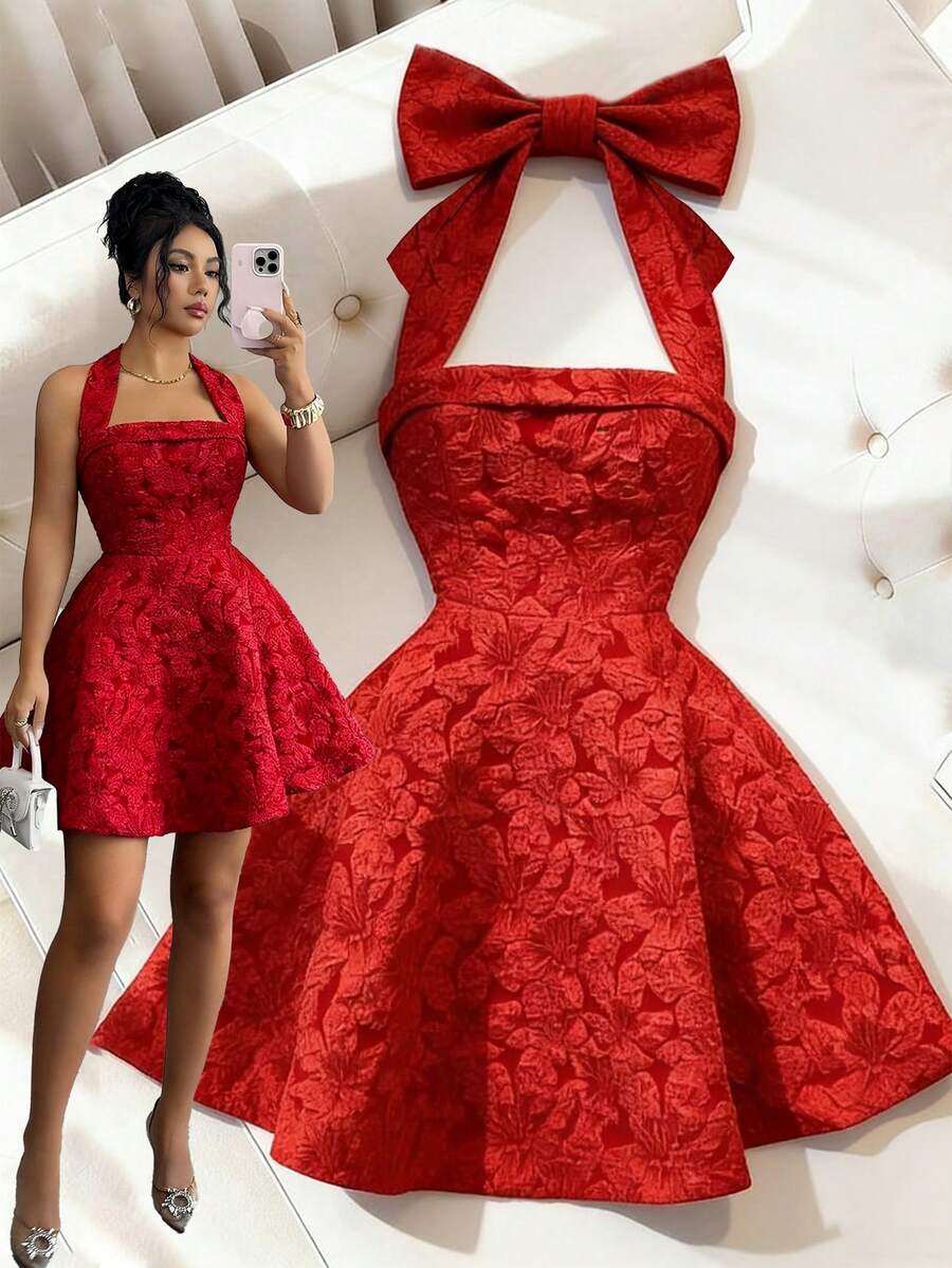 Đầm mini dáng xòe không tay, cổ yếm, yếm, chất liệu jacquard, dành cho nữ, thích hợp mặc hàng ngày, hẹn hò và dự tiệc, phong cách thanh lịch kiểu Pháp.