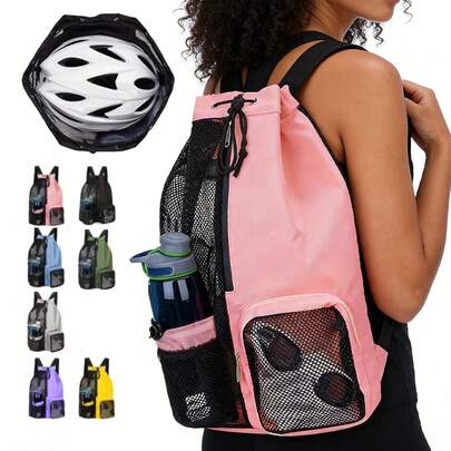 Ba lô lưới dây rút dung tích lớn có ngăn khóa kéo, túi bơi nhẹ, chống thấm nước, unisex, dây đeo điều chỉnh được, thích hợp cho bơi lội, đi biển, tập thể dục, thể thao.