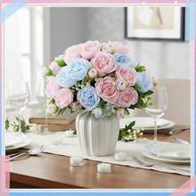 16 Bundles Artificial Peonies Flowers Fake Silk Peony Bouquet Faux Peonies Flowers Bulk For Decoration Vase Floral Arrangements Wedding Party Table (Light Pink,Light Blue) - LightPink - 查看 5