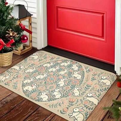 1件春季装饰手绘兔子蓝色格子门垫，适用于玄关、露台、阳台、走廊、户外地毯，新年/情人节/圣帕特里克节装饰，花卉背景，可爱迷人，可机洗快干，轻便吸水，易于清洁，适用于入口、浴室等多种场景。