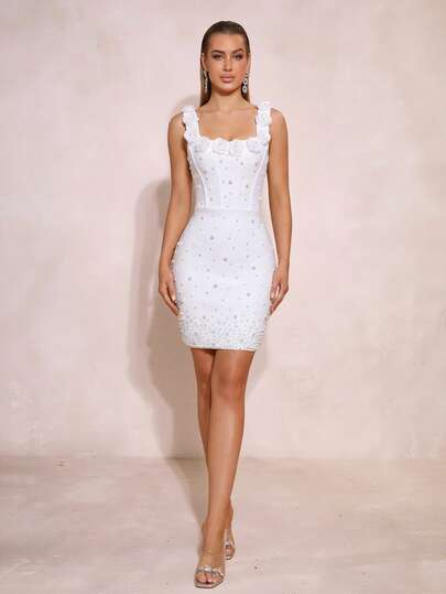 New Elegant Pearl Rhinestone Embellished Handmade 3D Floral Decor Square Neck Spaghetti Strap Backless Bodycon Mini Bandage Dress, Sexy Women Formal Evening Gown For Birthday Party, Carnival, Easter