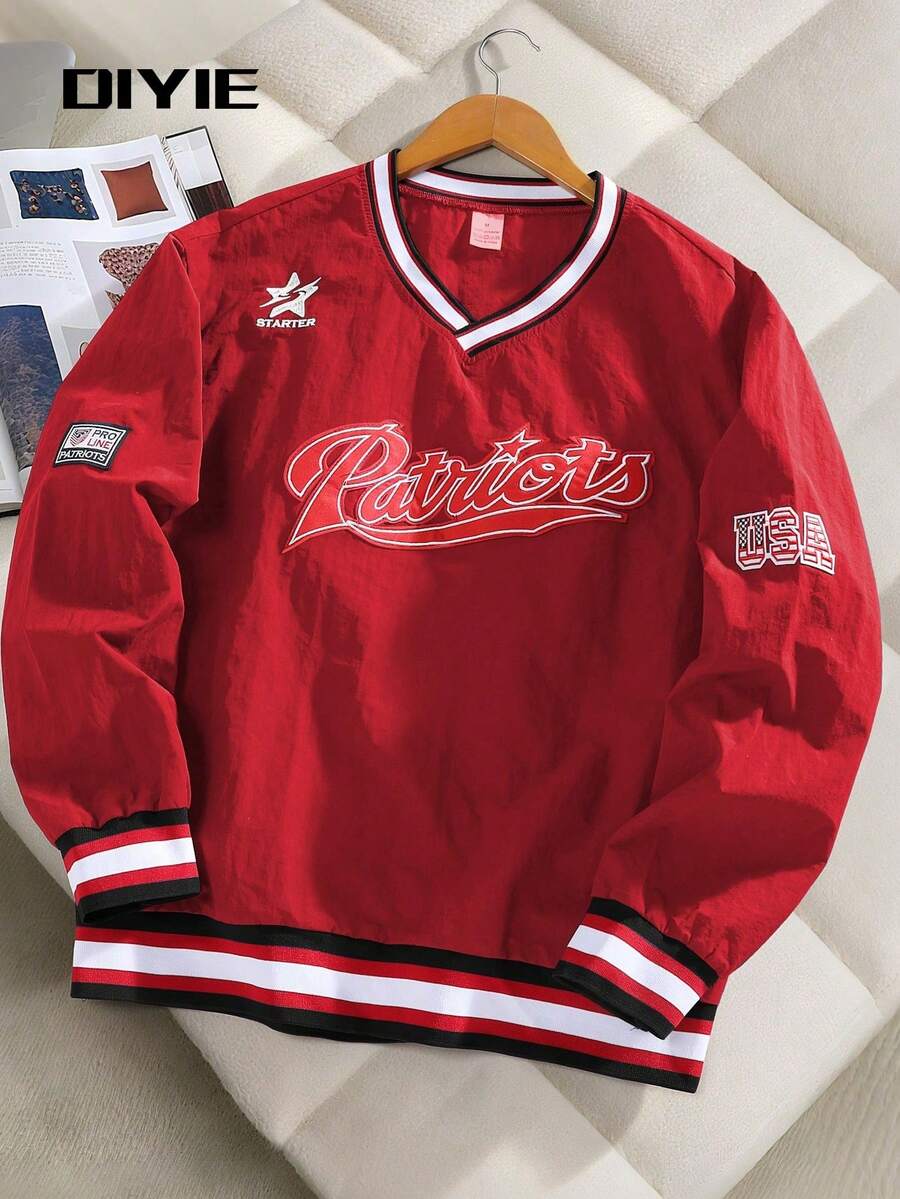 DIYIE Men's Fashion Sweatshirt, V-Neck Embroidered Sweatshirt, Y2K Sweatshirt, Collegiate Sports Sweatshirt, Comfortable Commuter Sweatshirt - Red - View 1