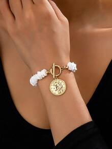 1 pieza Brazalete asimétrico de moda con concha y colgante con retrato - Amarillo Oro - Ver 1
