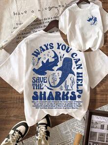 女士休闲圆领短袖 T 恤，带有鲨鱼印花保护海洋设计 - 白色 - 查看 1