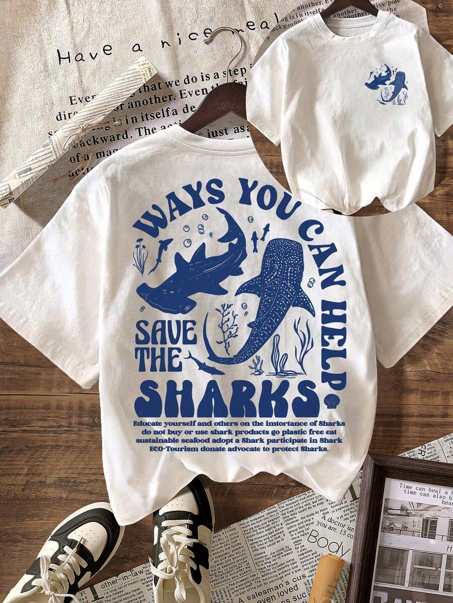 女士休闲圆领短袖 T 恤，带有鲨鱼印花保护海洋设计 - 白色 - 查看 1