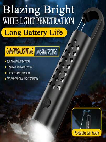 紧凑型EDC手电筒，适合露营和徒步旅行，USB充电，ABS材质，带登山扣，超亮可调焦手电筒和COB侧灯，多功能户外探险和日常携带照明。