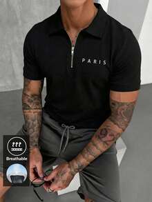 男士休闲百搭英文标语印花半拉链短袖T恤 - 黑色 - 查看 2