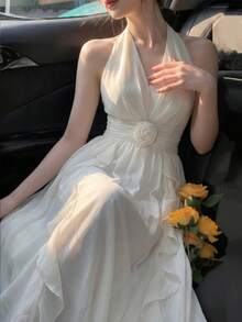 Elegant Ruffled Chiffon Spaghetti Strap A-Line Dress, Backless Design, Suitable For Birthday Party, Evening Gala, Beach Vacation Wedding - Apricot - View 1