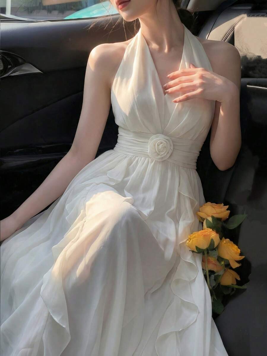 Elegant Ruffled Chiffon Spaghetti Strap A-Line Dress, Backless Design, Suitable For Birthday Party, Evening Gala, Beach Vacation Wedding - Apricot - View 1