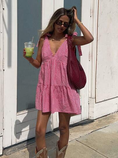Women Summer Sleeveless Mini Dress Casual Plaid Print/Solid Color Tie Up Strap V-Neck Party Dress For Beach Club Streetwear