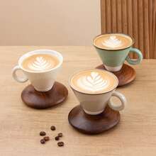 一套150毫升/5盎司独特锥形设计咖啡杯，配相思木杯垫，复古反应釉陶瓷咖啡杯碟套装，适用于家庭、餐厅、聚会和办公室。 - 彩色 - 查看 9