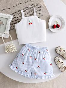 Girls' Cherry Print Camisole And Ruffle Shorts Set, Sweet And Cute Summer Outfit - White - View 1