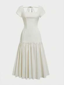 QUNGIGU 女士修身美人鱼长裙，优雅短袖美人鱼长裙，适合派对、夜店等场合，白色正式礼服，优雅晚礼服 - 白色 - 查看 5