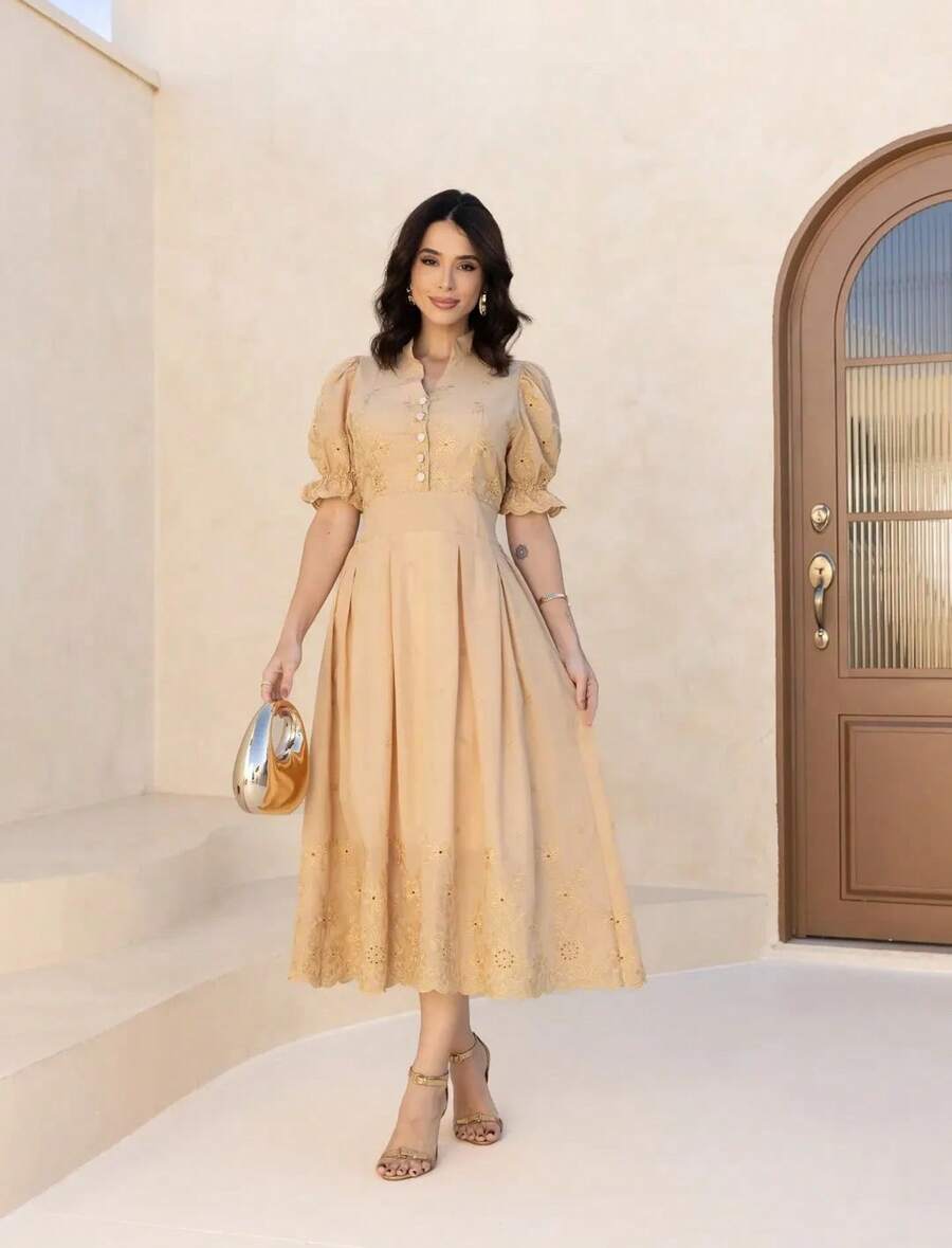Elegant Midi Dress In 3D Embroidered Lace, Lined, Princess Puff Sleeves, Ruffled Hem - Vàng be - Xem 1