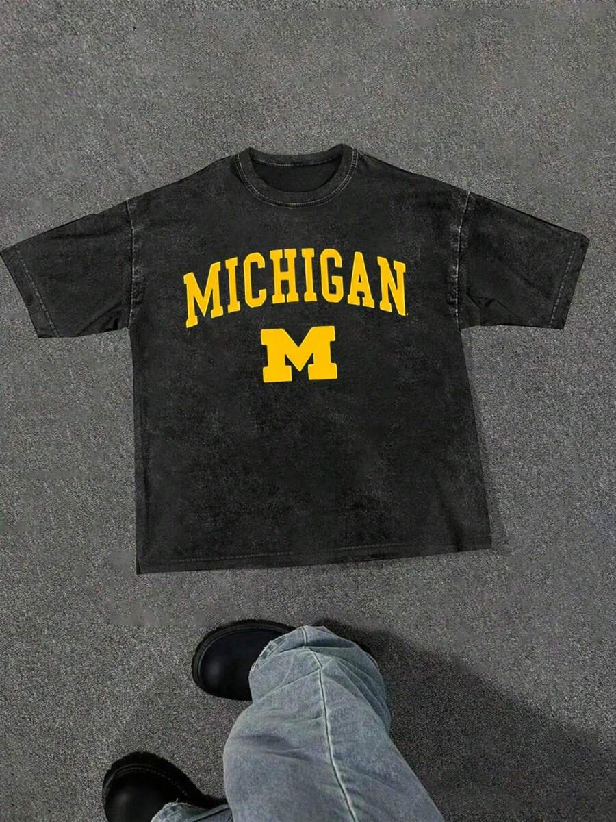 Super Value Hot  T-Shirt Men's Washed T-Shirt With Michigan University Logo, Comfortable Soft Short Sleeve 230gsm Washable T-Shirt Suitable As A Gift For Fans SD0081 - 黑色 - 查看 1