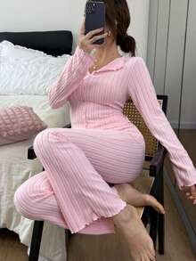 女士春夏时尚休闲罗纹法兰绒蝴蝶结V领长袖上衣和阔腿裤舒适睡衣套装，两件套 - 粉色 - 查看 1