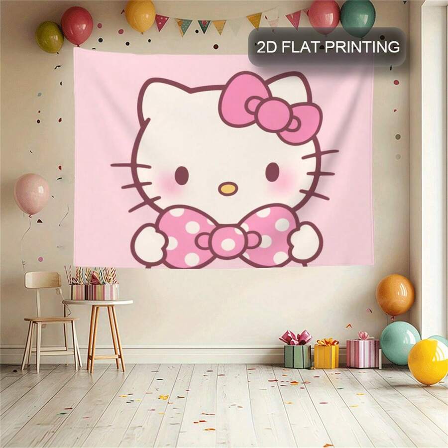 SANRIO 1 bức tranh Hello Kitty được trang trí bằng nơ hồng và họa tiết chấm bi, làm từ sợi polyester, trên nền hình mây và quả cầu, lý tưởng để trang trí tường trong nhà và ngoài trời. - Nhiều màu - Xem 1