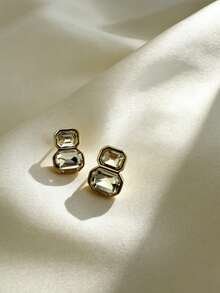 Double Square Crystal StudEarrings- Women's Fashion Jewelry - Gold - View 2