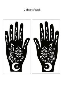 2张月亮星星点状临时纹身贴纸，适用于手脚，曼海蒂图案纹身模板，适合女性婚礼派对节日人体彩绘 - 黑色 - 查看 8