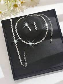 1 Set Of 3 Jewelry Pieces (Necklace + Earrings + Bracelet), Sparkling Wave-Shaped Full Crystal Copper Material, Suitable For Evening Party, Valentine's Day Gift - Silver - View 2