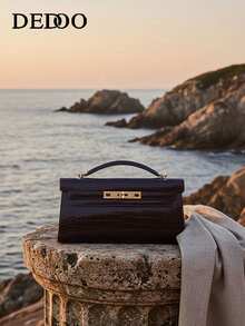 1 件时尚百搭纯色 PU 皮革手提包，女士新款鳄鱼纹压花高端托特单肩斜挎包 - 黑色 - 查看 1