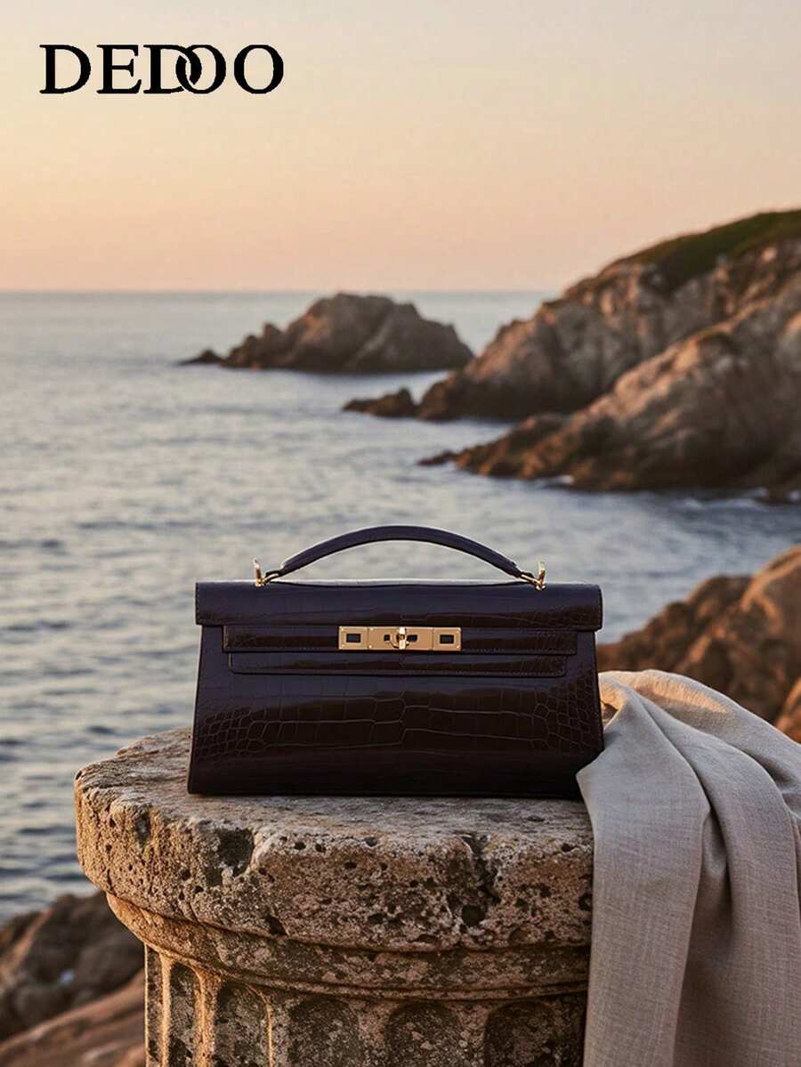 1 件时尚百搭纯色 PU 皮革手提包，女士新款鳄鱼纹压花高端托特单肩斜挎包 - 黑色 - 查看 1