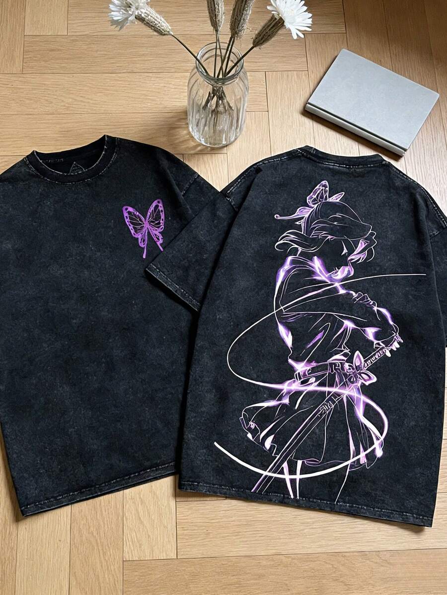 Heavyweight Washed Cotton Men's Anime T-Shirt, Double-Sided Purple Butterfly Anime Print T-Shirt, Retro Comic Art Streetwear, Otaku Fashion Item, Y2K Gothic Short-Sleeved Shirt, Gift For Otaku Culture Enthusiasts, Summer Casual Top, Holiday Gift. - màu đen - Xem 1