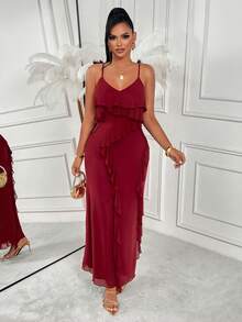 AIJ Amarilo Sexy Ruffled Tiered Backless Dress - Spaghetti Strap Sleeveless Summer Dress For Valentine's Day Gatherings & Getaways - Burgundy - View 3