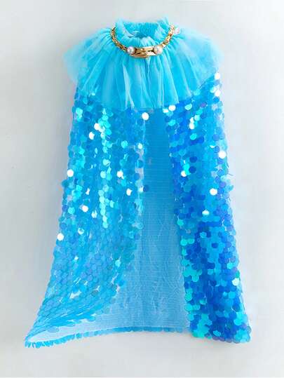 1pc Blue Glitter Cloak For Girls, Children's Carnival, Christmas, Halloween Costume, Girls Stage Performance Party Cosplay Cape