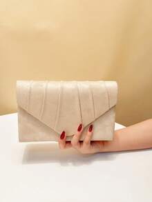 Beige Velvet Women's Evening Clutch Bag, Formal Party Handbag With Detachable Chain Strap - Apricot - View 3