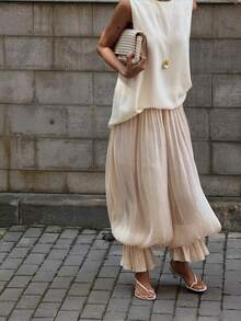 Women Baggy Balloon Long Pants Y2K Bubble Pleated Oversized Bloomers Elastic High Waist Wide Leg Lantern Harem Pants For Summer - Màu be - Xem 3