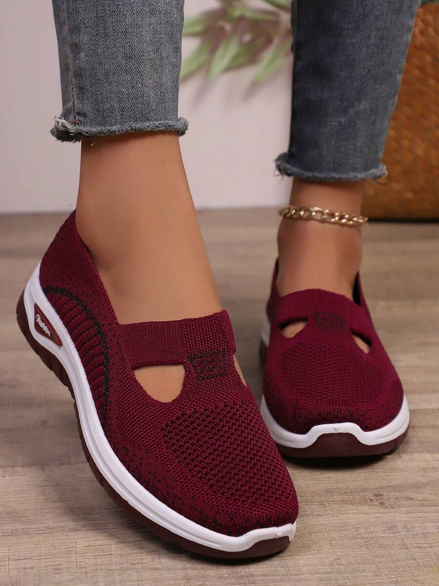 Sapatos Casuais Confortáveis e Respiráveis para Caminhada Plus Size Feminino, Design Minimalista de Biqueira Redonda e Slip-On, Adequado para Uso Diário, Doméstico, Externo, Caminhada, Escritório - Vermelho - Visão 1