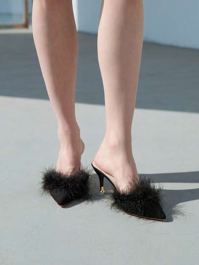 CHICVUE 女士高跟鞋，蓬松甜美风时尚凉鞋，黑色正装鞋，适合户外穿着，秋冬季节，百搭，尖头，细高跟，黑色闭趾穆勒鞋，女士慵懒拖鞋，猫跟，优雅，女士浅口鞋，高贵，派对装扮