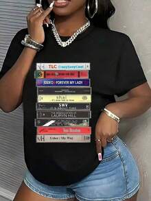 90s R&B Tape Print T-Shirt, Fall Clothes For Women, Crew Neck T-Shirt, Women's T-Shirt, Women's Sweatshirt, Short-Sleeved TopRelaxed Plus Size T-Shirt - 1 - 查看 1