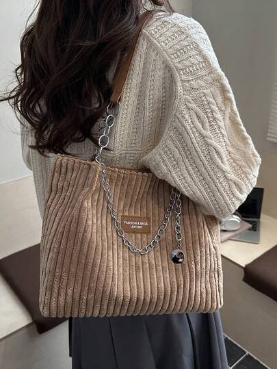 大容量纯色毛绒单肩手提包，适合上学、旅行、购物、约会、作为女士礼物，灯芯绒手提包，时尚链条单肩包，大容量毛绒手提包，背包，便携，大容量，轻便，适合青少年女孩、女性、大学生、中小学生、户外、旅行、徒步、工作、商务、通勤。