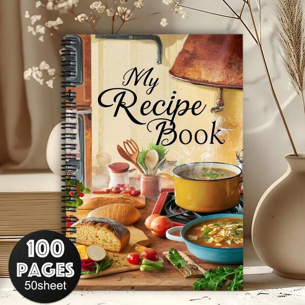 1 pieza Cuaderno de recetas de espiral colorido, diario de cocina de alta calidad - Planificador de recetas de inspiración de cocina, diseñado para amantes de la comida, regalo perfecto para hombres y mujeres, incluye organizador de recetas para el hogar con patrón de escena de cocina vívida, también adecuado como planificador de oficina